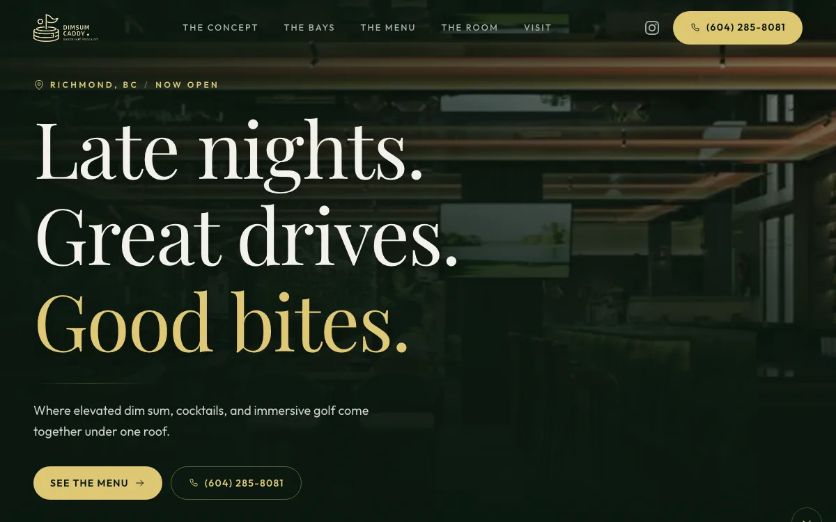 The Dimsum Caddy website — late-night dim sum, cocktails and golf simulator bays in Richmond, built by DineCall AI